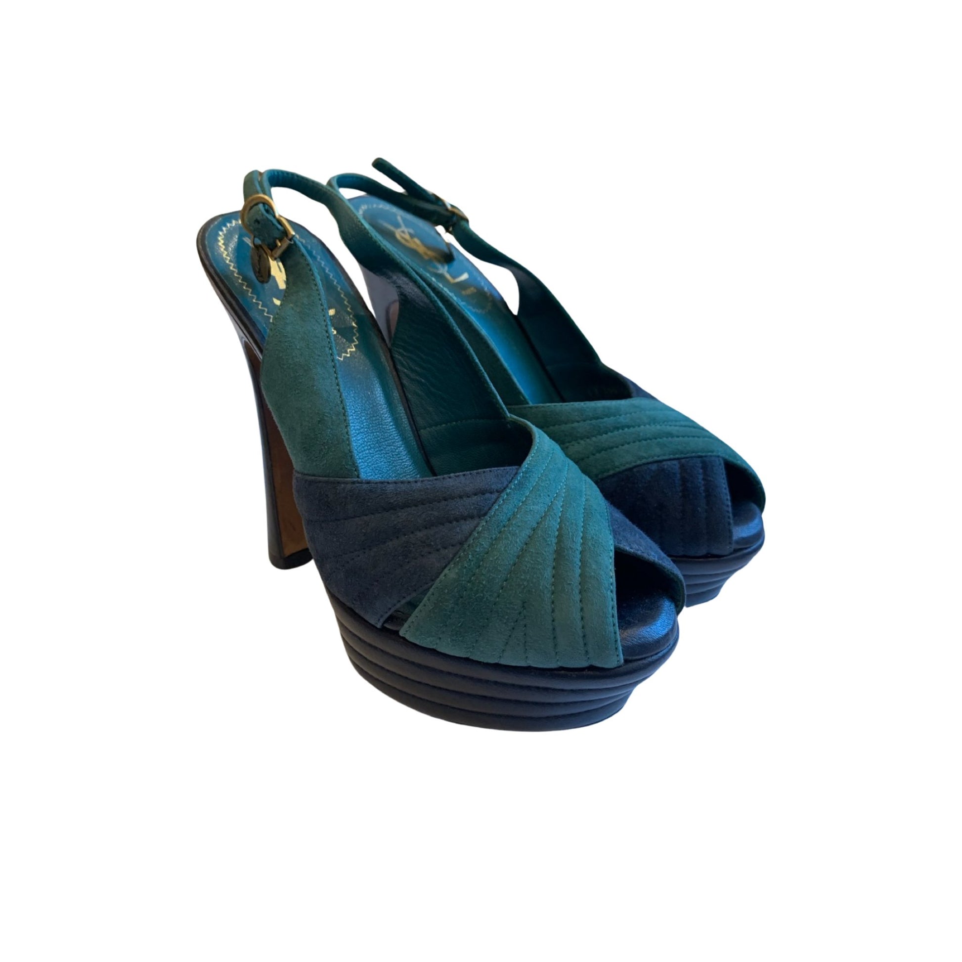 Sandales croisées à plateforme Saint Laurent 37 - Daim et Cuir Bleu/Vert - SAINT LAURENT - Rebirth Maroc